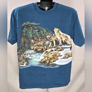 Vintage 90's Single Stitch Habitat St. Elmo Colorado Wolf AOP Shirt, Medium‎